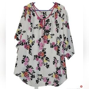 Daniel Rainn Bright Floral Flowy 3/4 RollTab Sleeve Pullover Blouse Sz 2X Spring